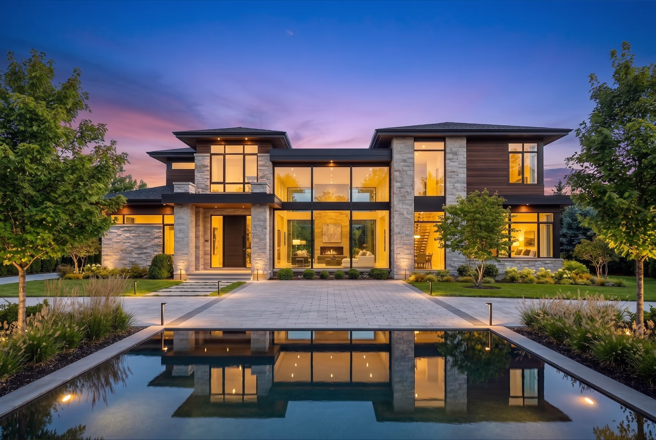 Exterior after virtual twilight — warm dusk sky and glowing windows